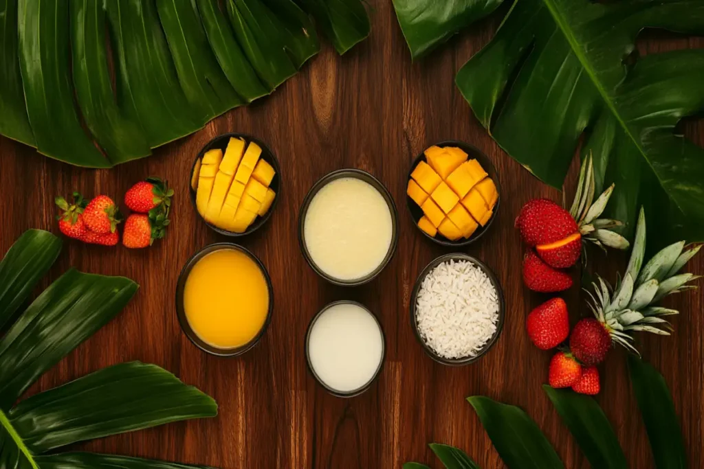 Fresh tropical smoothie ingredients including diced mango, strawberries, coconut milk, orange juice, and shredded coconut on a wooden surface