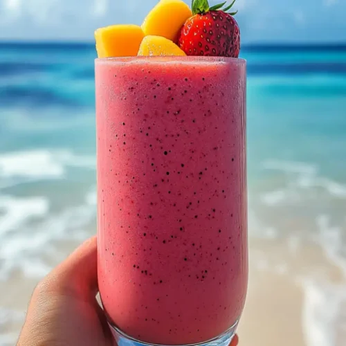 A vibrant pink Bahama Mama Tropical Smoothie topped with mango chunks and a fresh strawberry, held in front of a serene beach background with waves