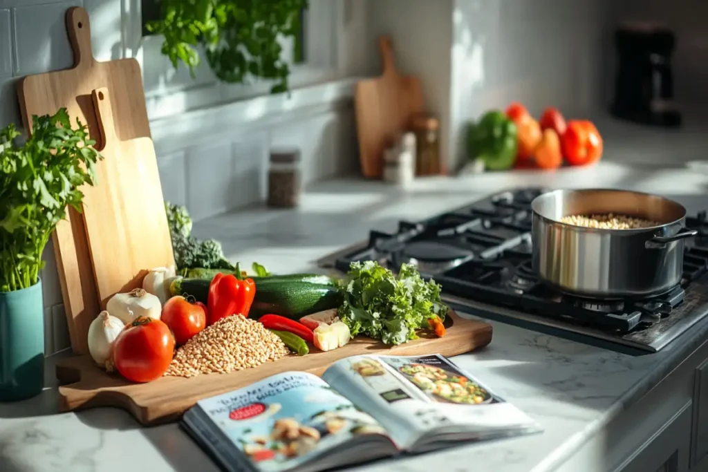 A bright kitchen counter featuring fresh vegetables, grains, and an open cookbook, with a pot cooking on the stove