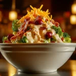 Creamy broccoli salad with bacon, cheese, and cranberries