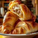 Golden, flaky sausage cream cheese crescent rolls on a plate, with a rich, gooey filling of melted cheese and seasoned sausage