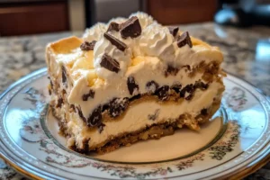 Cookie lasagna dessert slice with cream and chocolate layers