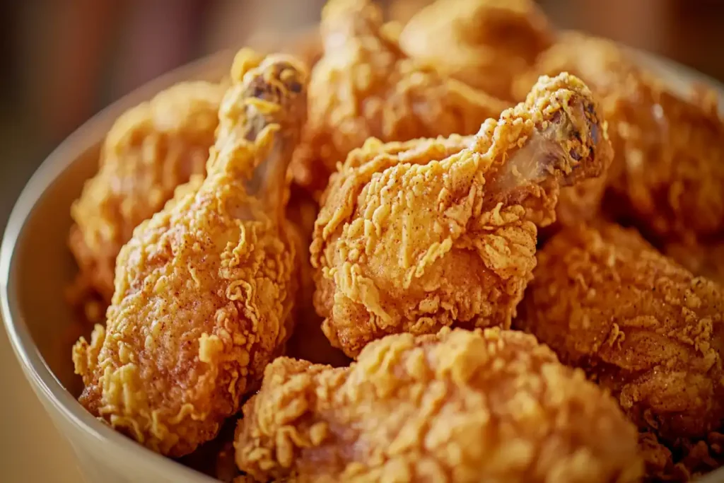Southern-style crispy fried chicken with golden, flaky crust on a wooden plate