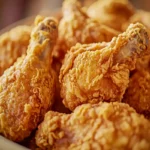 Southern-style crispy fried chicken with golden, flaky crust on a wooden plate