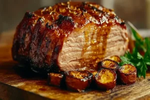 Honey-glazed ham fresh out of the oven with caramelized glaze