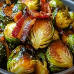 honey brussels sprouts with bacon on ceramic plate