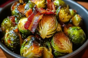 honey brussels sprouts with bacon on ceramic plate