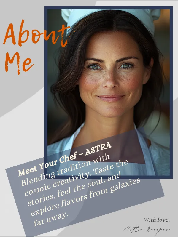 Chef ASTRA smiling confidently in a kitchen setting, wearing a white apron and chef's hat – AstroRecipes founder.