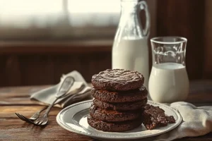 brownie cookies stacked on a ceramic plate with a glass bottle of milk and silver forks on a rustic wooden table