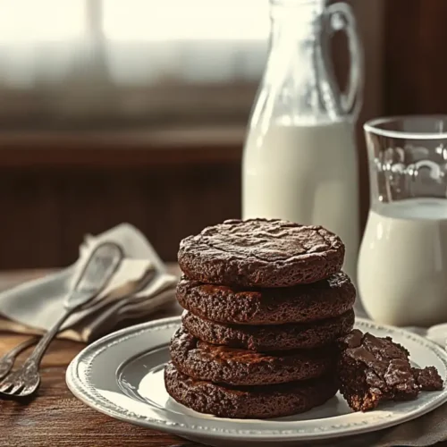 brownie cookies stacked on a ceramic plate with a glass bottle of milk and silver forks on a rustic wooden table