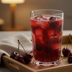 Sleepy Girl Mocktail served over ice with fresh cherries