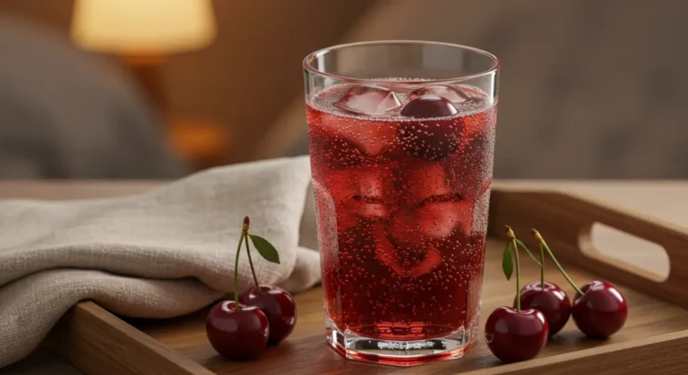 Sleepy Girl Mocktail in a tall glass with ice and whole cherries on a wooden tray