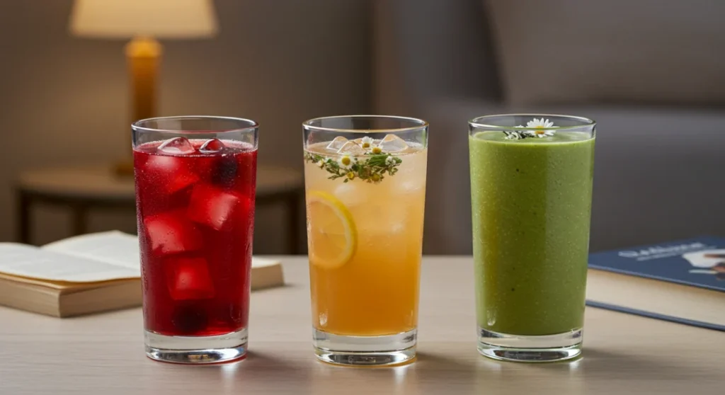 Three magnesium mocktails for sleep including cherry, chamomile, and green smoothie