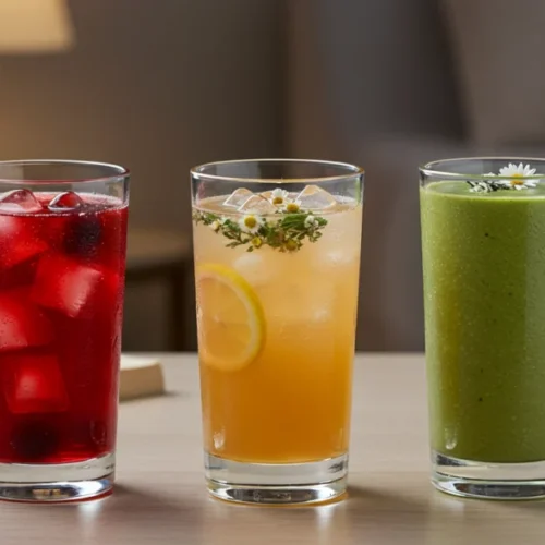 Three magnesium mocktails for sleep including cherry, chamomile, and green smoothie
