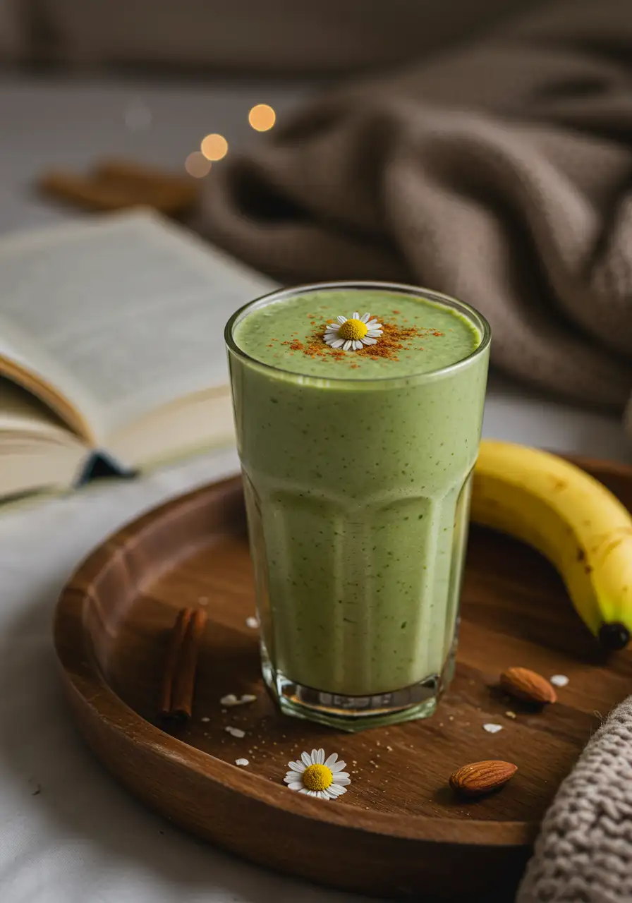 Green magnesium smoothie with banana, almond milk, and cinnamon, ideal for nighttime calm Green magnesium smoothie with banana, almond milk, and cinnamon, ideal for nighttime calm