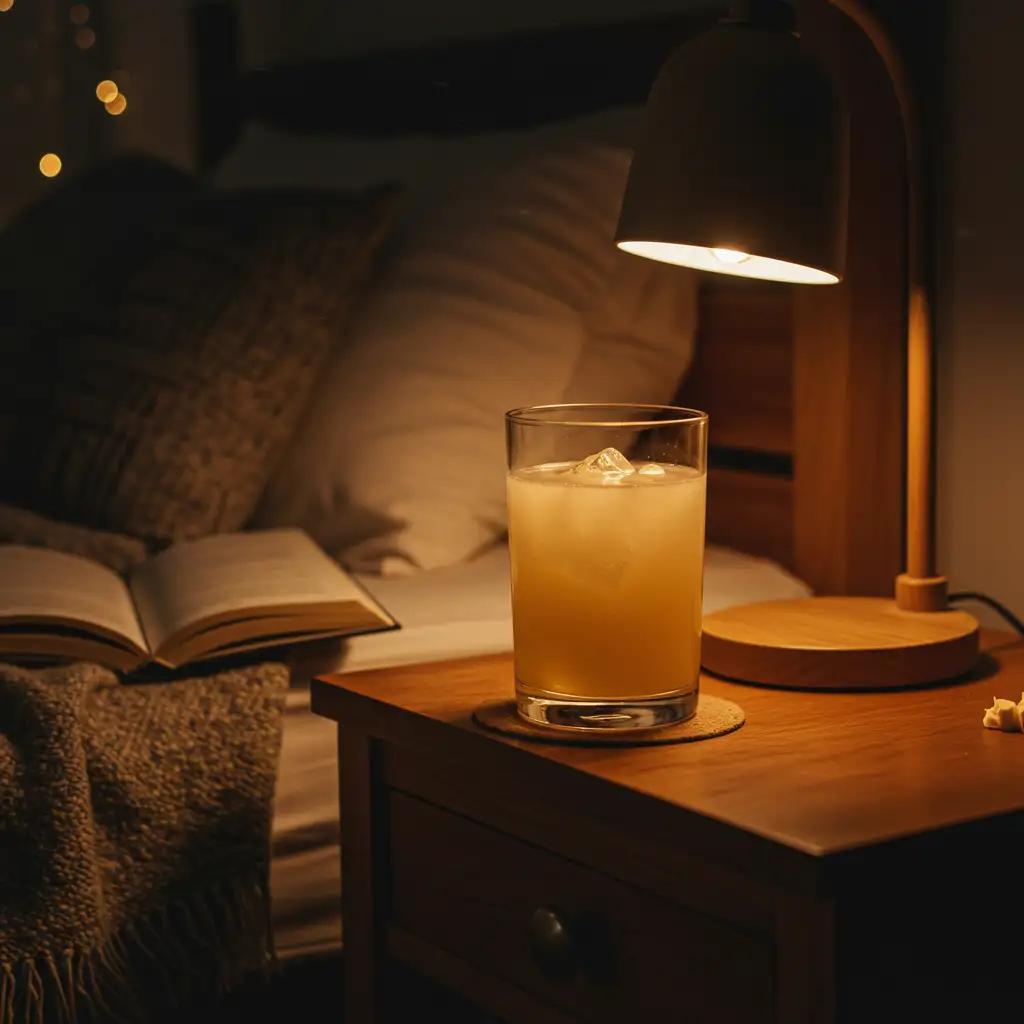 magnesium-mocktail-bedtime-ritual-glass.webp Magnesium mocktail on bedside table with cozy lighting and open book