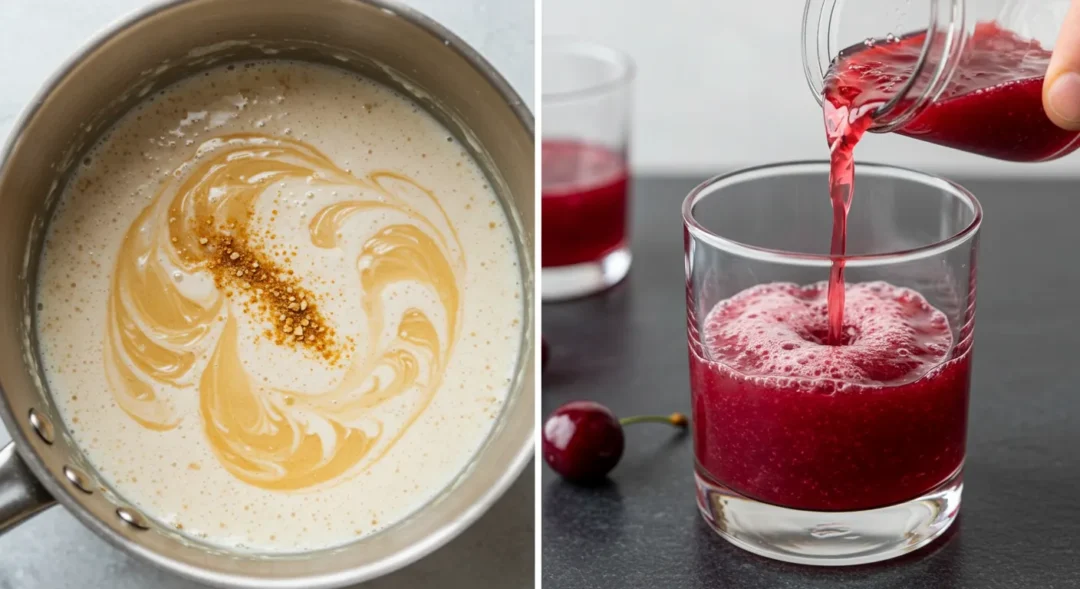 moon-milk-sleepy-girl-mocktail-preparation.webp Moon Milk and Sleepy Girl Mocktail being prepared side by side