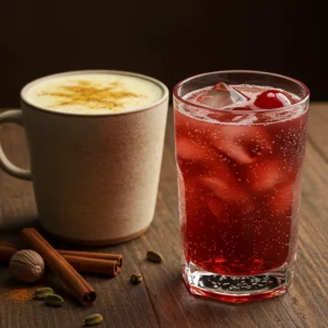Moon Milk and Sleepy Girl Mocktail side by side on a rustic table, showcasing warm golden turmeric milk and fizzy cherry magnesium mocktail.