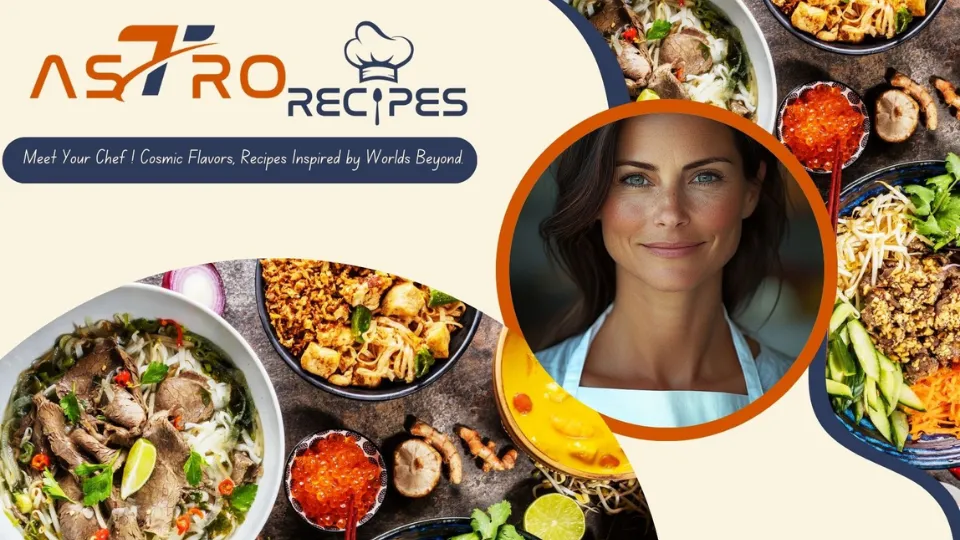 Diverse colorful dishes surrounding a woman representing Astro Recipes, where culinary art meets innovation