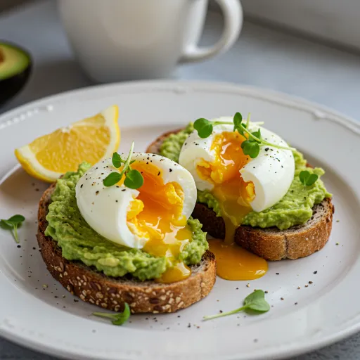 Jammy eggs with avocado toast and lemon in soft natural light