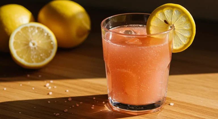 Pink Salt Drink in a clear glass with lemon slice and Himalayan salt on rustic table, summer morning wellness