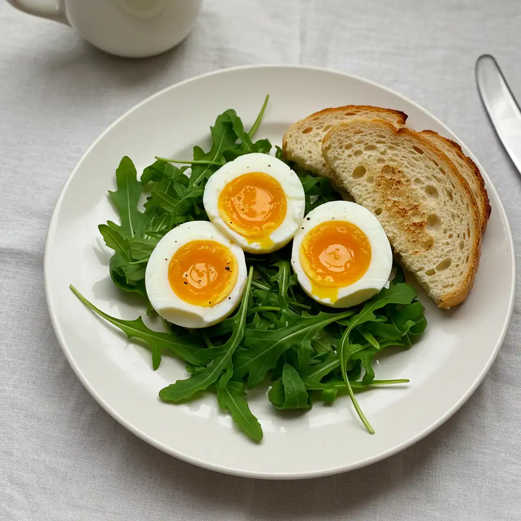 Jammy eggs with arugula and toast on a white plate