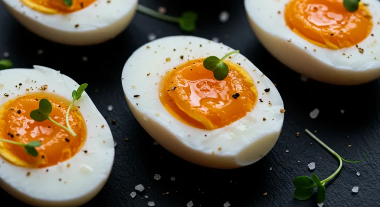 Jammy eggs with golden yolk on black background