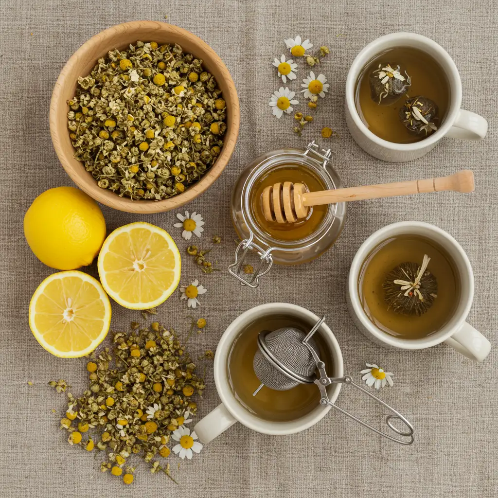 Chamomile Tea with Honey and Lemon Ingredients for chamomile tea with lemon and honey