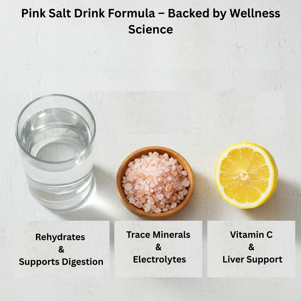 pink-salt-drink-essential-ingredients.webp Essential ingredients of Pink Salt Drink – warm water, Himalayan salt, and lemon slice for hydration and digestion support