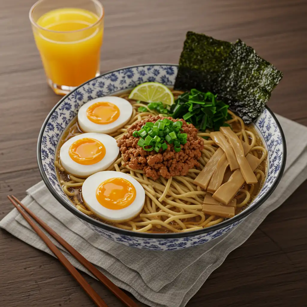 Ramen bowl with jammy eggs, minced pork, bamboo shoots, and nori