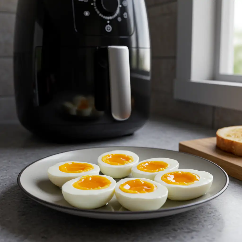 Jammy eggs on a plate with air fryer in the background
