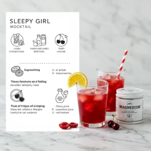 Sleepy girl mocktail recipe with cherry juice and magnesium supplement in clear glasses
