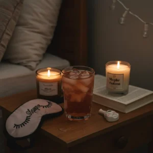 Sleepy Girl Mocktail served on a nightstand with candles before bed