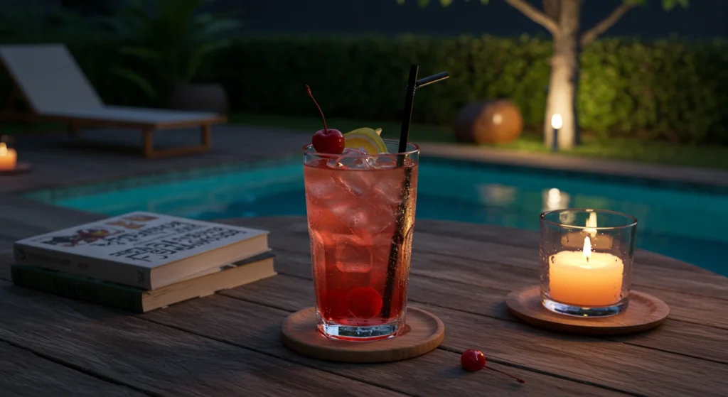 Sleepy Girl Mocktail Every Night by the pool at night with candlelight