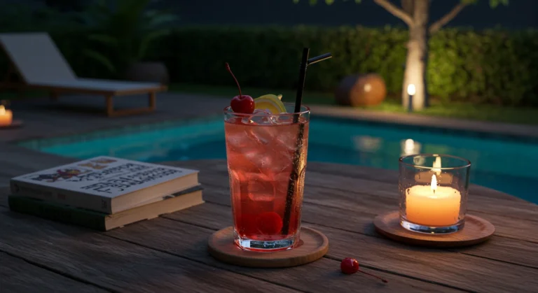 Sleepy Girl Mocktail Every Night by the pool at night with candlelight