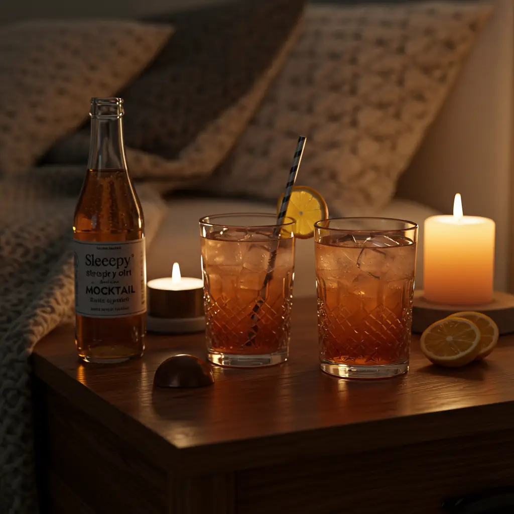 sleepy-girl-mocktail-Every Nightrecipe-card-bedside-glasses.webp Sleepy Girl Mocktail Every Night served on bedside table with candlelight