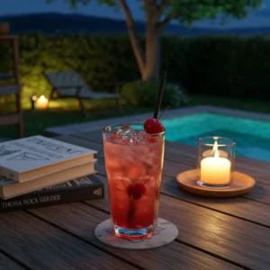 Sleepy Girl Mocktail ingredients by poolside with tart cherry and candlelight