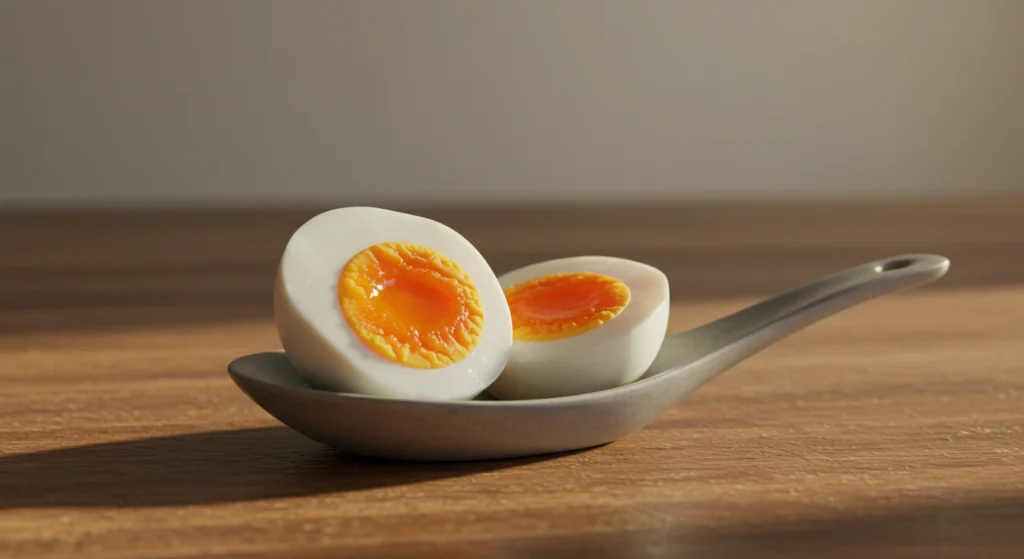 Halved jammy egg on spoon with soft yolk