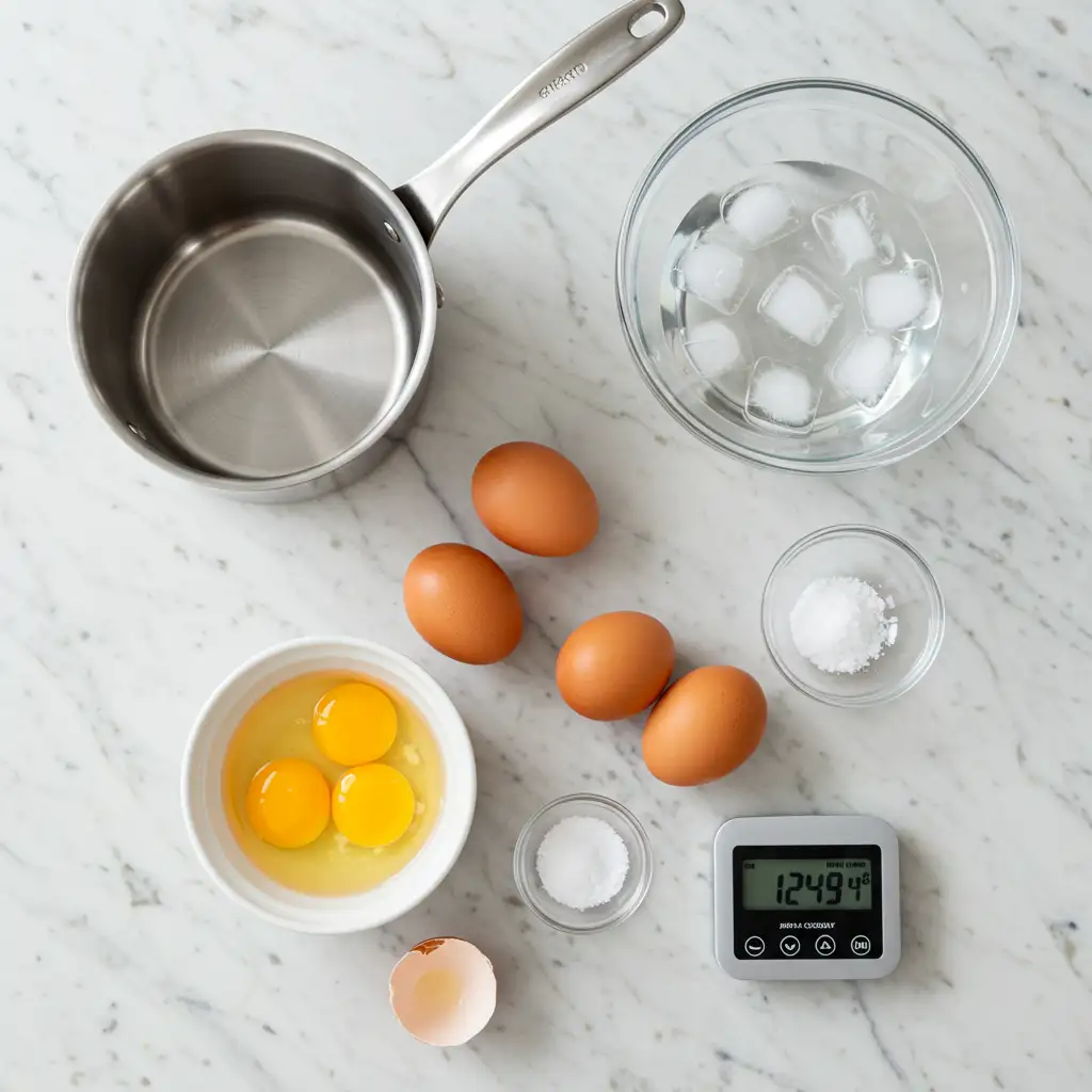jammy-eggs-ingredients.webp Ingredients for jammy eggs on marble counter
