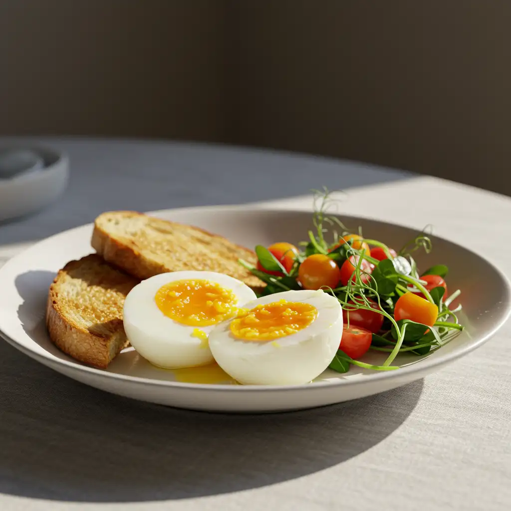 how-long-to-boil-jammy-eggs-serving-image.webp Jammy eggs served with toast, cherry tomatoes, and greens – How Long to Boil Jammy Eggs