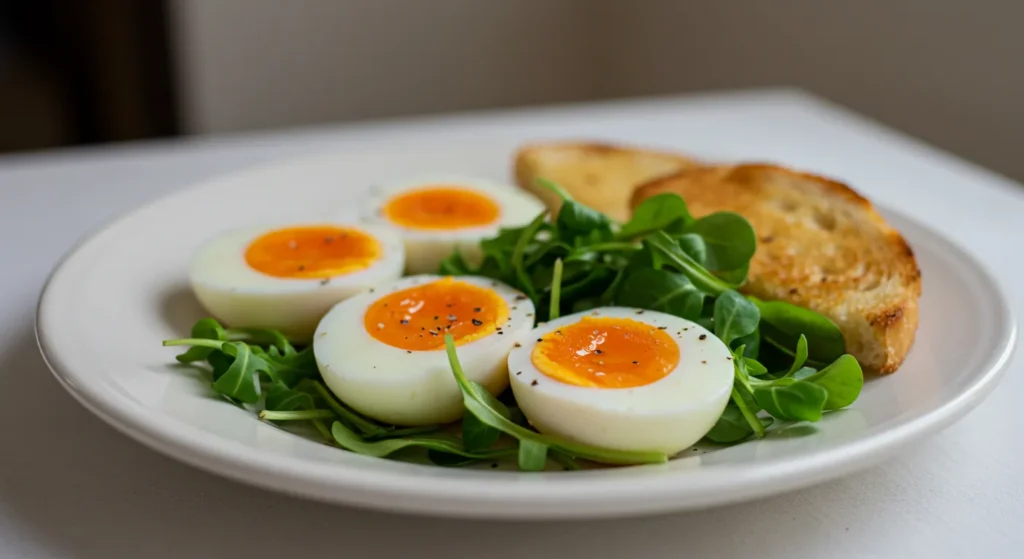 Jammy eggs served on arugula with toast – How Long to Boil Jammy Eggs
