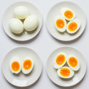 What Is a Jammy Egg? Four variations of soft-boiled and jammy eggs shown on small white plates