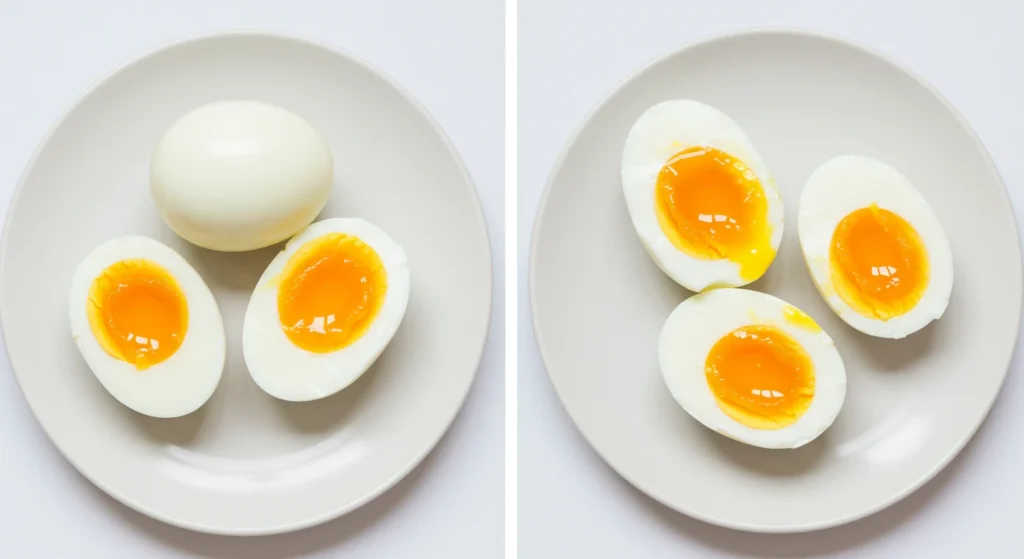 What Is a Jammy Egg? Comparison of jammy and soft-boiled eggs on white plates