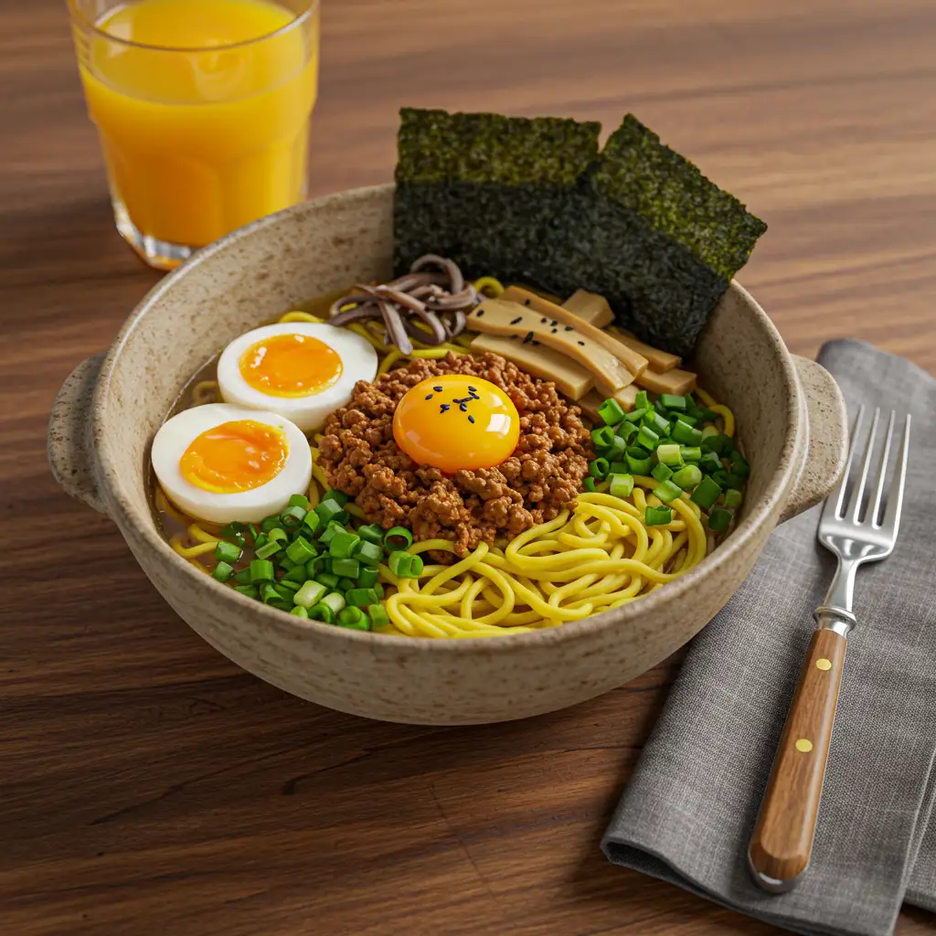 jammy-egg-ramen-serving-bowl.webp bowl of ramen with jammy eggs, minced meat, bamboo shoots, scallions, and seaweed served with orange juice