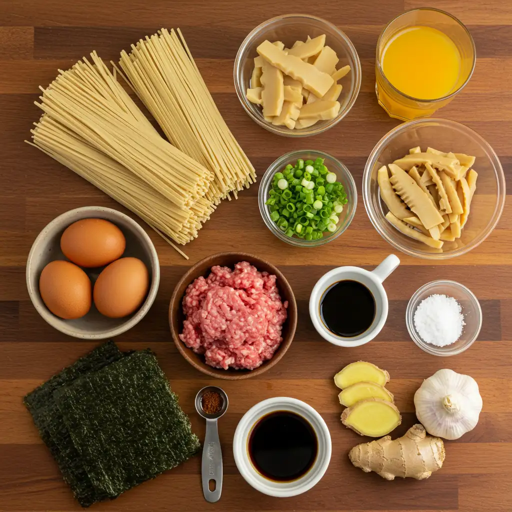 jammy-egg-ramen-ingredients-flatlay.webp ramen ingredients flat lay with jammy egg components, noodles, bamboo shoots, minced meat, and seasonings