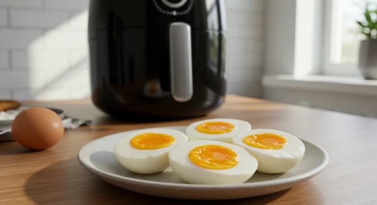 Halved air fryer jammy eggs on a white plate in front of a black air fryer, morning kitchen light