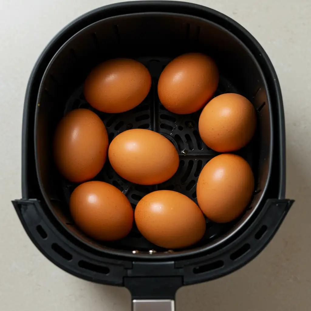 raw-eggs-in-air-fryer-jammy-eggs.webp Raw brown eggs arranged in an air fryer basket before cooking jammy eggs