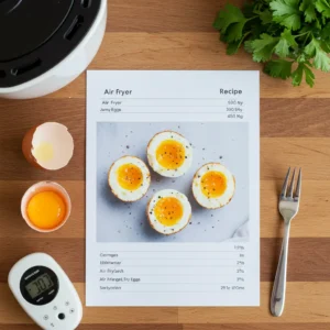 Recipe card showing air fryer jammy eggs with halved yolks and cooking temperature guide