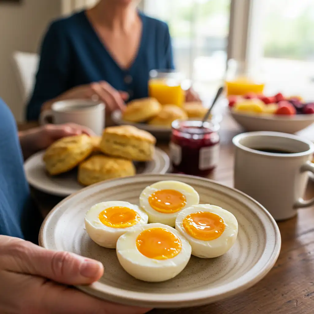air-fryer-jammy-eggs-southern-breakfast-plate.webp Southern-style breakfast plate with air fryer jammy eggs served alongside coffee and biscuits