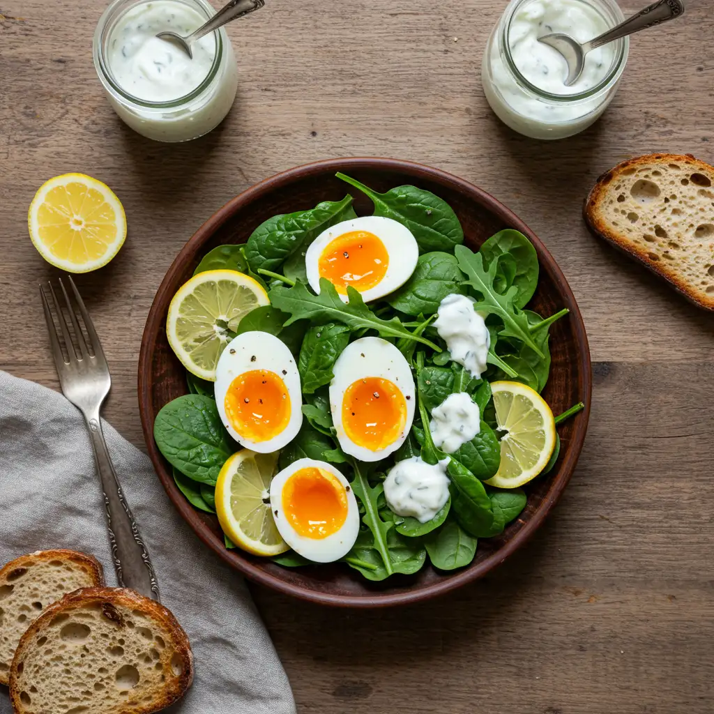 jammy-egg-salad-yogurt-dressing-spinach-arugula.webp Rustic jammy egg salad with yogurt dressing and lemon slices on spinach and arugula